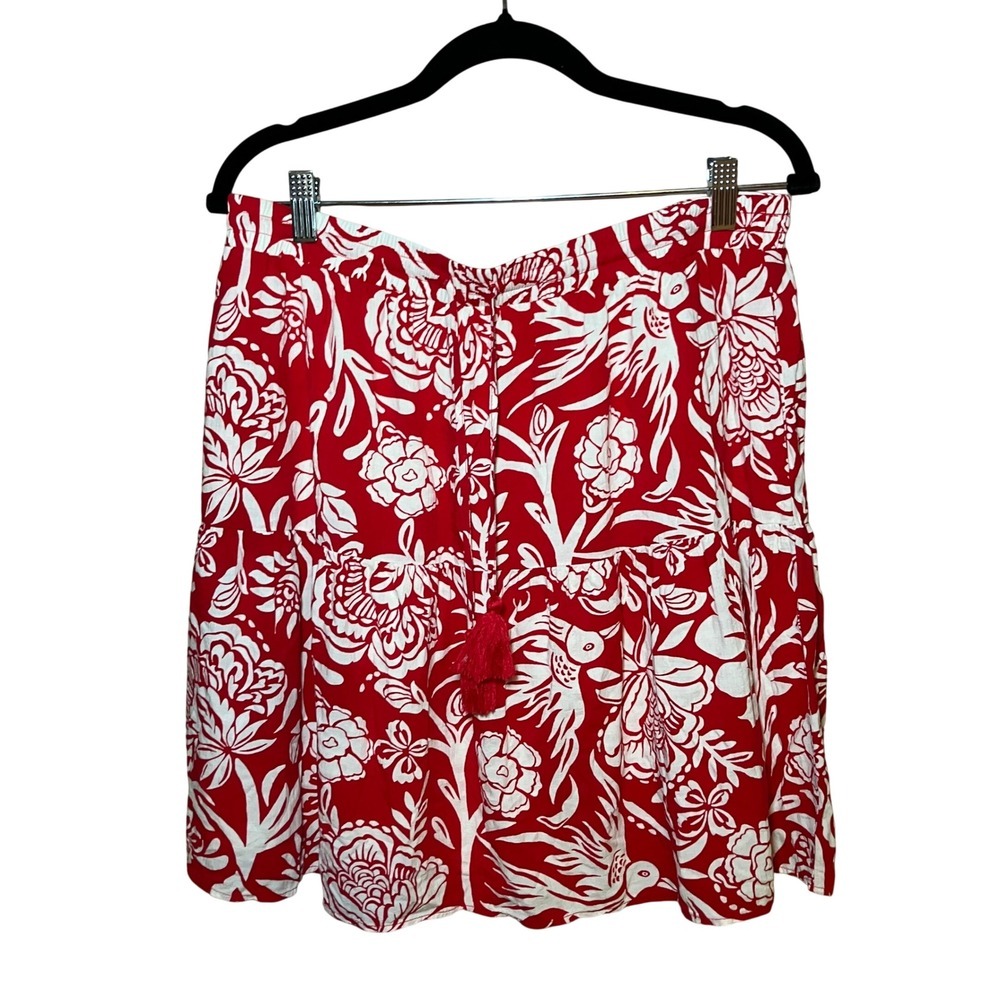 Knox Rose Mini Skirt Womens L Red White Floral Bird Tiered Boho Tassel Breezy